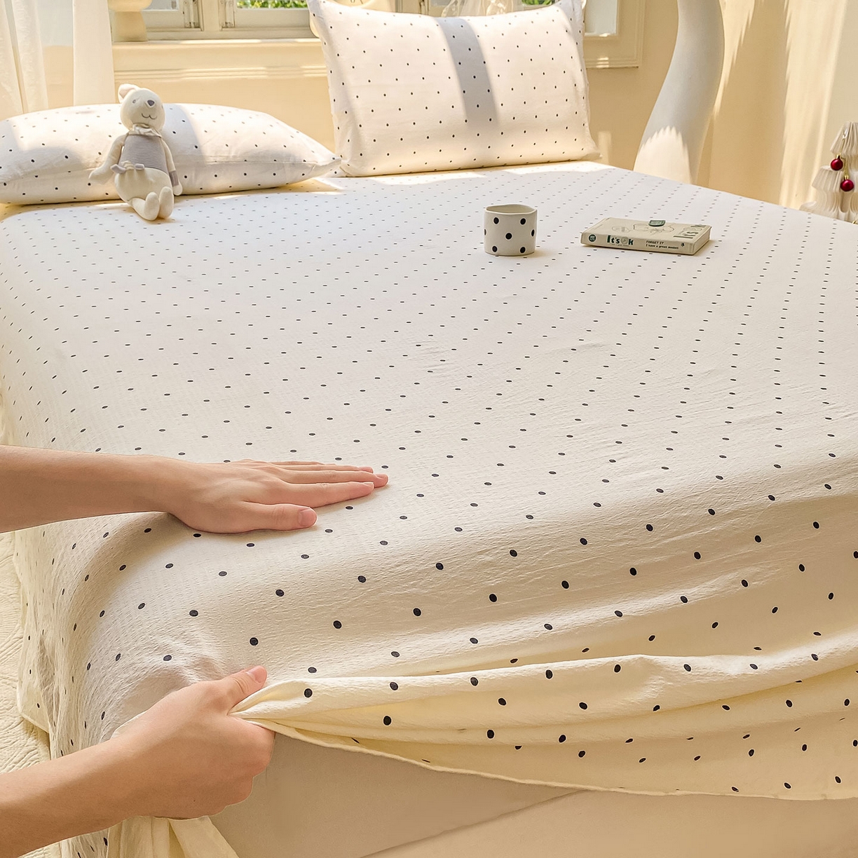 91家纺网 家纺一手货源 找家纺 眠势力 2025新款云感双层纱床单三件套ins奶油风学生宿舍床单四季通用 极简波点