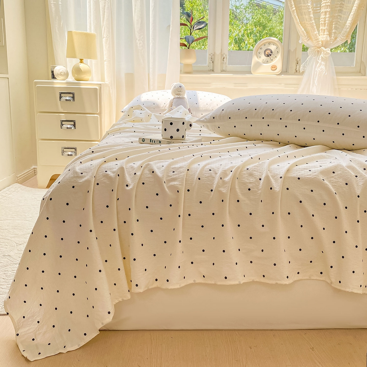 91家纺网 家纺一手货源 找家纺 眠势力 2025新款云感双层纱床单三件套ins奶油风学生宿舍床单四季通用 极简波点