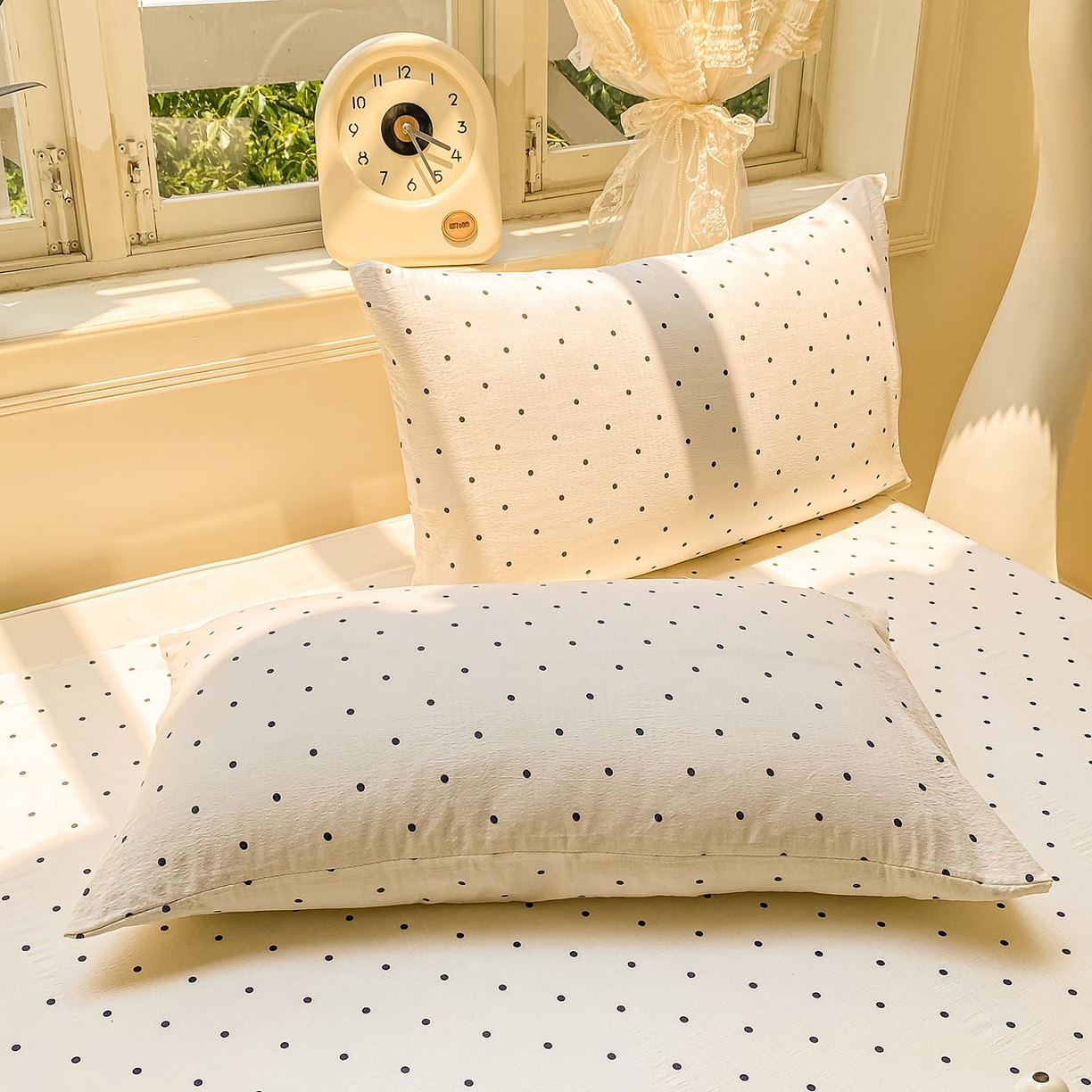 91家纺网 家纺一手货源 找家纺 眠势力 2025新款云感双层纱床单三件套ins奶油风学生宿舍床单四季通用 极简波点