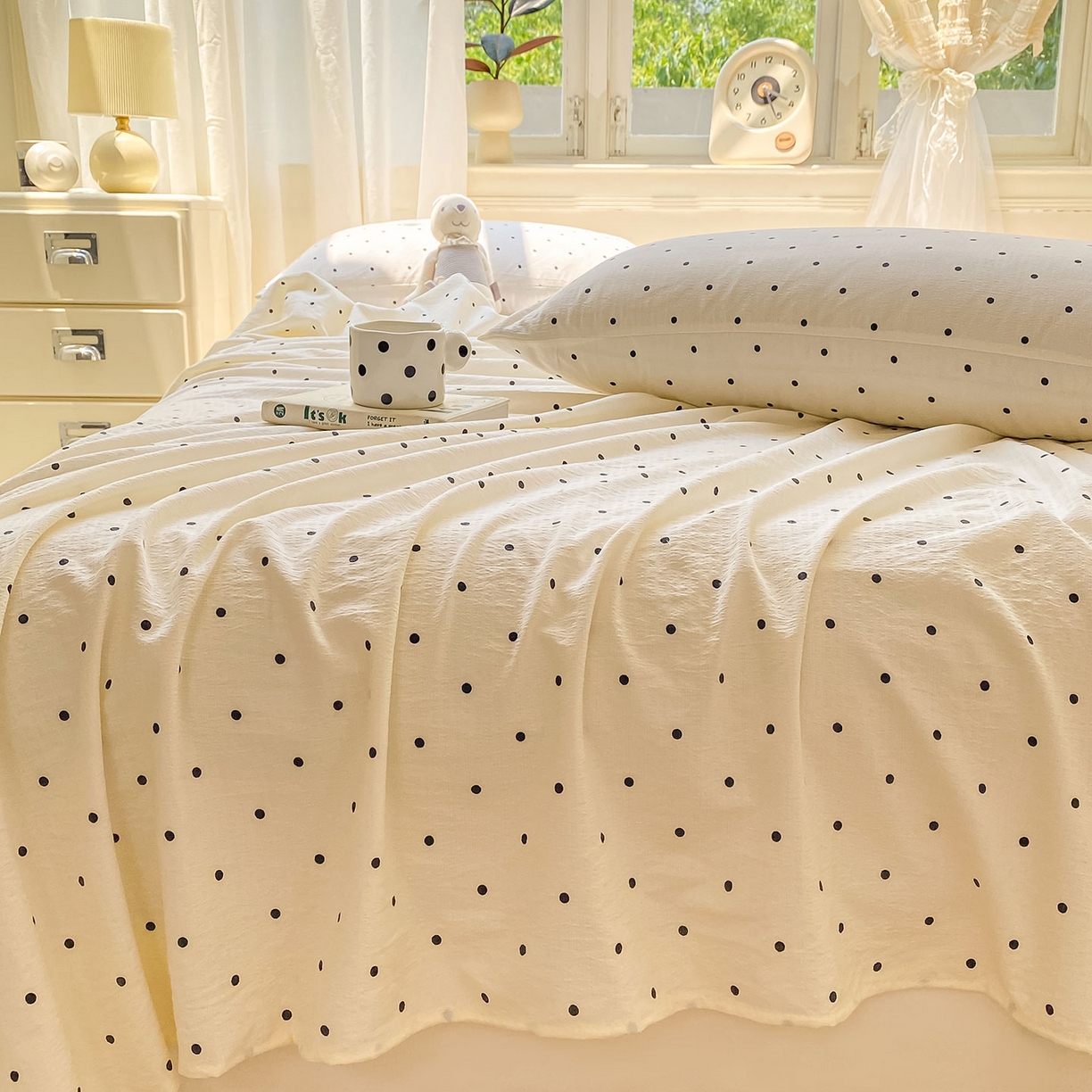 91家纺网 家纺一手货源 找家纺 眠势力 2025新款云感双层纱床单三件套ins奶油风学生宿舍床单四季通用 极简波点