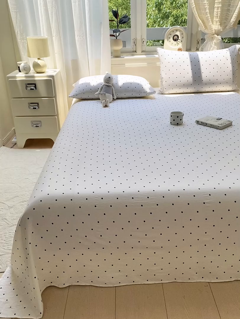 91家纺网 家纺一手货源 找家纺 眠势力 2025新款云感双层纱床单三件套ins奶油风学生宿舍床单四季通用 极简波点