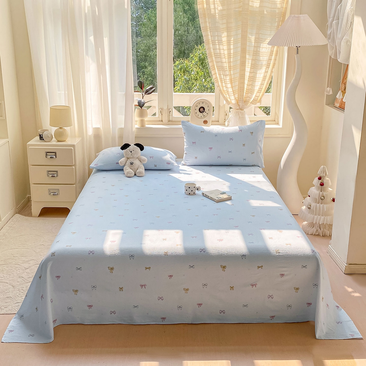 91家纺网 家纺一手货源 找家纺 眠势力 2025新款云感双层纱床单三件套ins奶油风学生宿舍床单四季通用 蓝色蝴蝶结