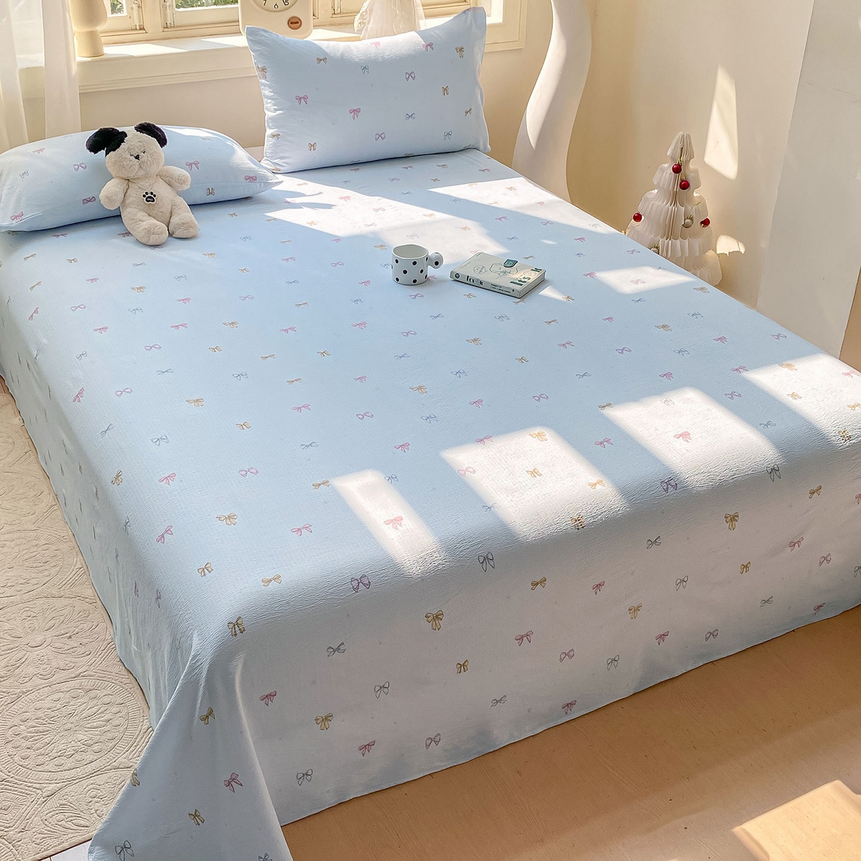 91家纺网 家纺一手货源 找家纺 眠势力 2025新款云感双层纱床单三件套ins奶油风学生宿舍床单四季通用 蓝色蝴蝶结