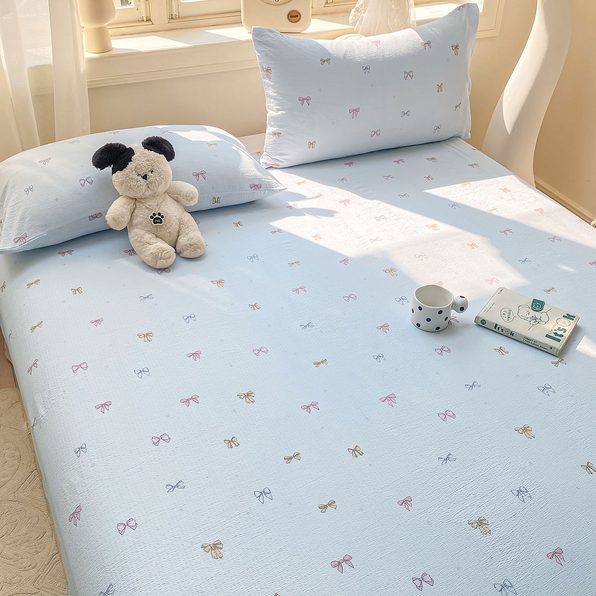 91家纺网 家纺一手货源 找家纺 眠势力 2025新款云感双层纱床单三件套ins奶油风学生宿舍床单四季通用 蓝色蝴蝶结