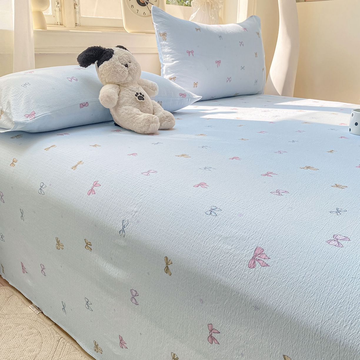 91家纺网 家纺一手货源 找家纺 眠势力 2025新款云感双层纱床单三件套ins奶油风学生宿舍床单四季通用 蓝色蝴蝶结