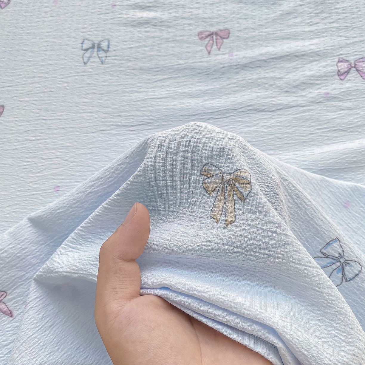 91家纺网 家纺一手货源 找家纺 眠势力 2025新款云感双层纱床单三件套ins奶油风学生宿舍床单四季通用 蓝色蝴蝶结