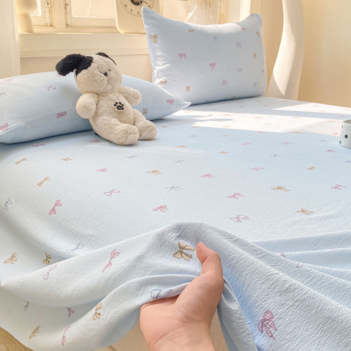 91家纺网 家纺一手货源 找家纺 眠势力 2025新款云感双层纱床单三件套ins奶油风学生宿舍床单四季通用 蓝色蝴蝶结