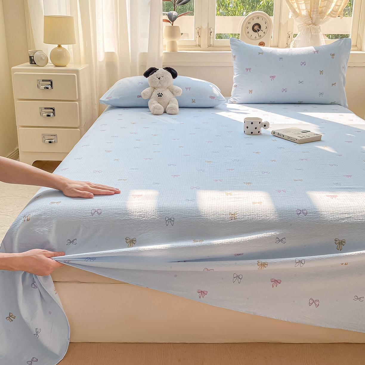 91家纺网 家纺一手货源 找家纺 眠势力 2025新款云感双层纱床单三件套ins奶油风学生宿舍床单四季通用 蓝色蝴蝶结