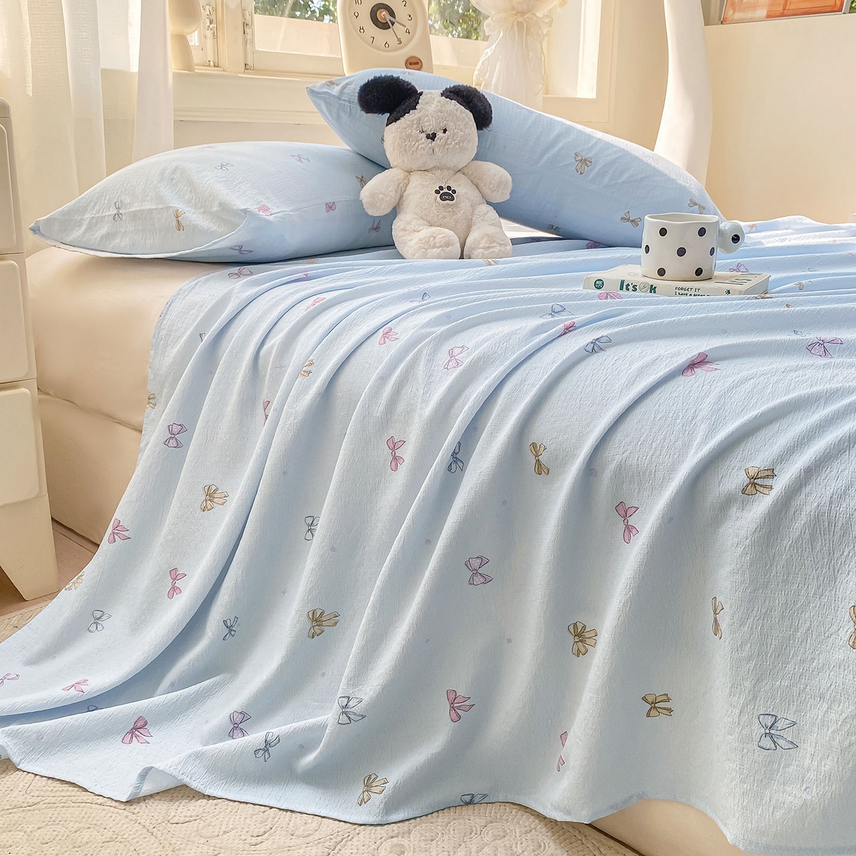 91家纺网 家纺一手货源 找家纺 眠势力 2025新款云感双层纱床单三件套ins奶油风学生宿舍床单四季通用 蓝色蝴蝶结