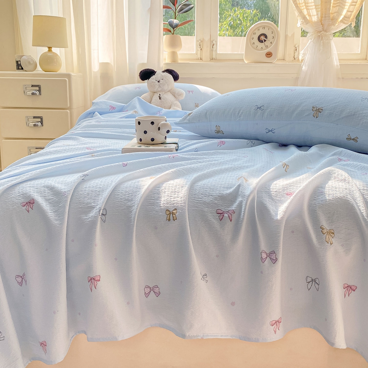 91家纺网 家纺一手货源 找家纺 眠势力 2025新款云感双层纱床单三件套ins奶油风学生宿舍床单四季通用 蓝色蝴蝶结