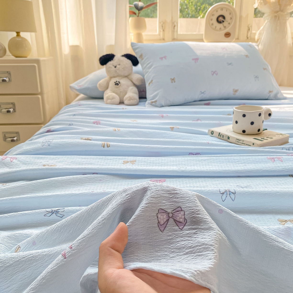 91家纺网 家纺一手货源 找家纺 眠势力 2025新款云感双层纱床单三件套ins奶油风学生宿舍床单四季通用 蓝色蝴蝶结