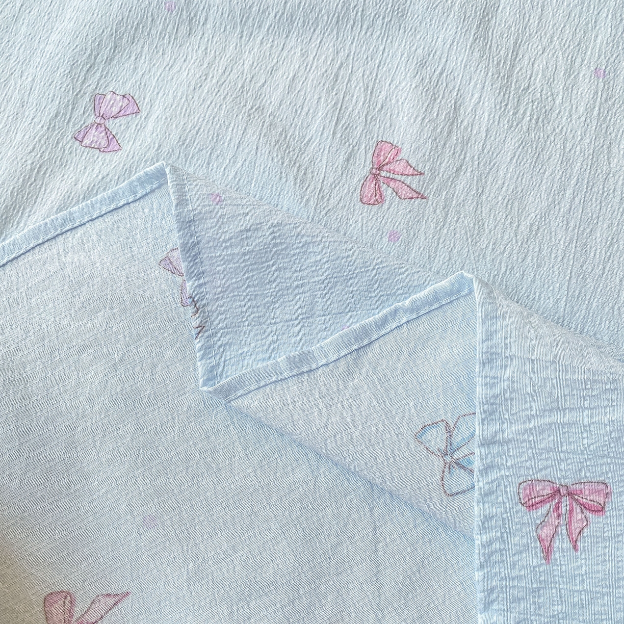 91家纺网 家纺一手货源 找家纺 眠势力 2025新款云感双层纱床单三件套ins奶油风学生宿舍床单四季通用 蓝色蝴蝶结