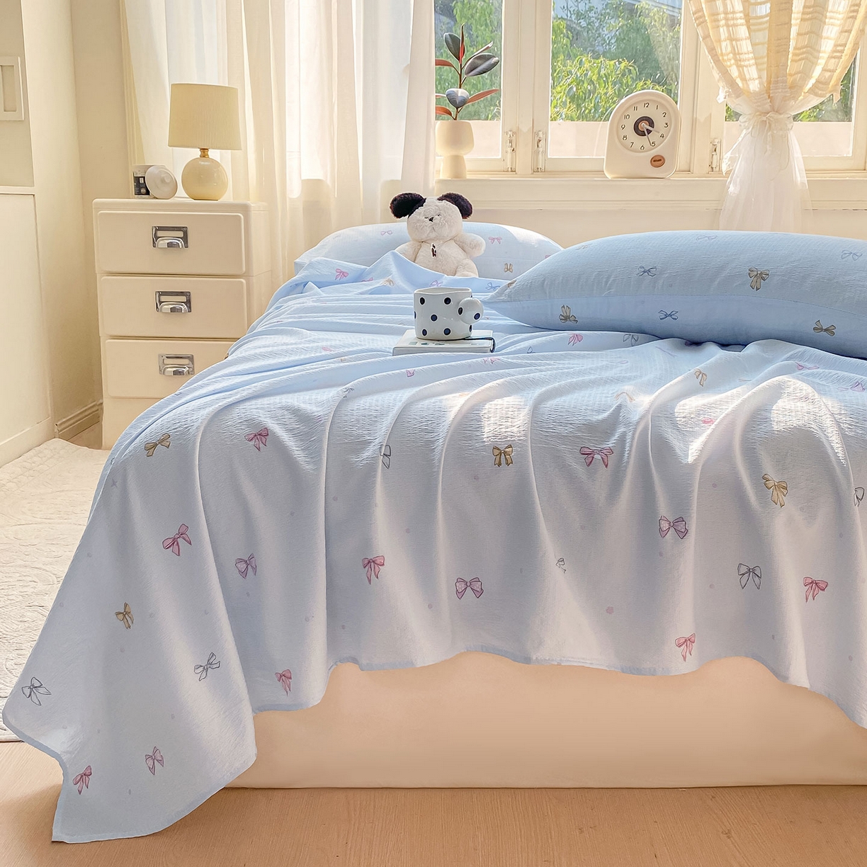 91家纺网 家纺一手货源 找家纺 眠势力 2025新款云感双层纱床单三件套ins奶油风学生宿舍床单四季通用 蓝色蝴蝶结