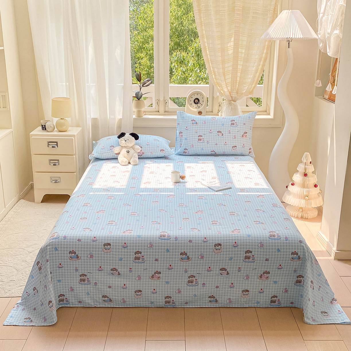 91家纺网 家纺一手货源 找家纺 眠势力 2025新款云感双层纱床单三件套ins奶油风学生宿舍床单四季通用 淘气狗