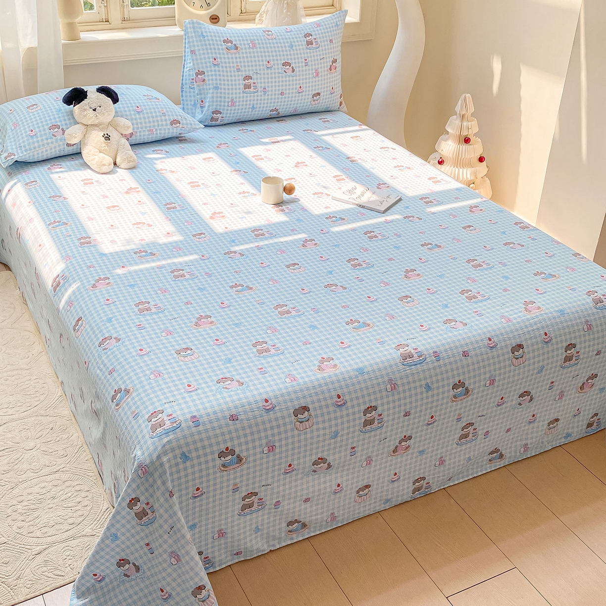 91家纺网 家纺一手货源 找家纺 眠势力 2025新款云感双层纱床单三件套ins奶油风学生宿舍床单四季通用 淘气狗