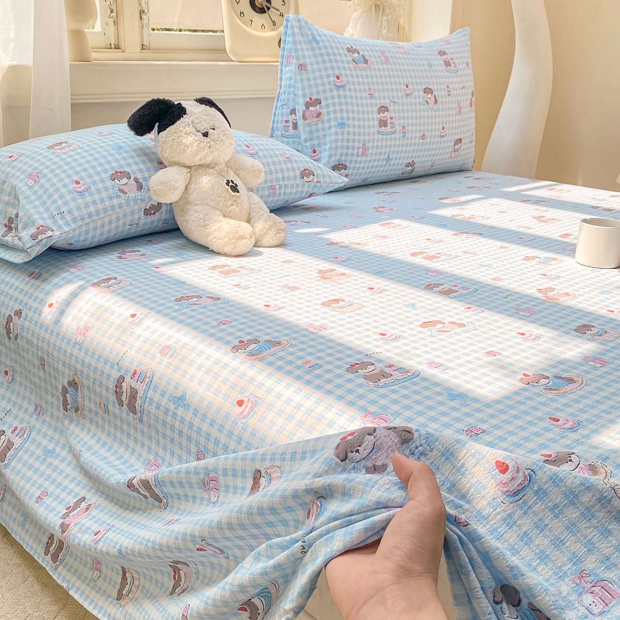 91家纺网 家纺一手货源 找家纺 眠势力 2025新款云感双层纱床单三件套ins奶油风学生宿舍床单四季通用 淘气狗