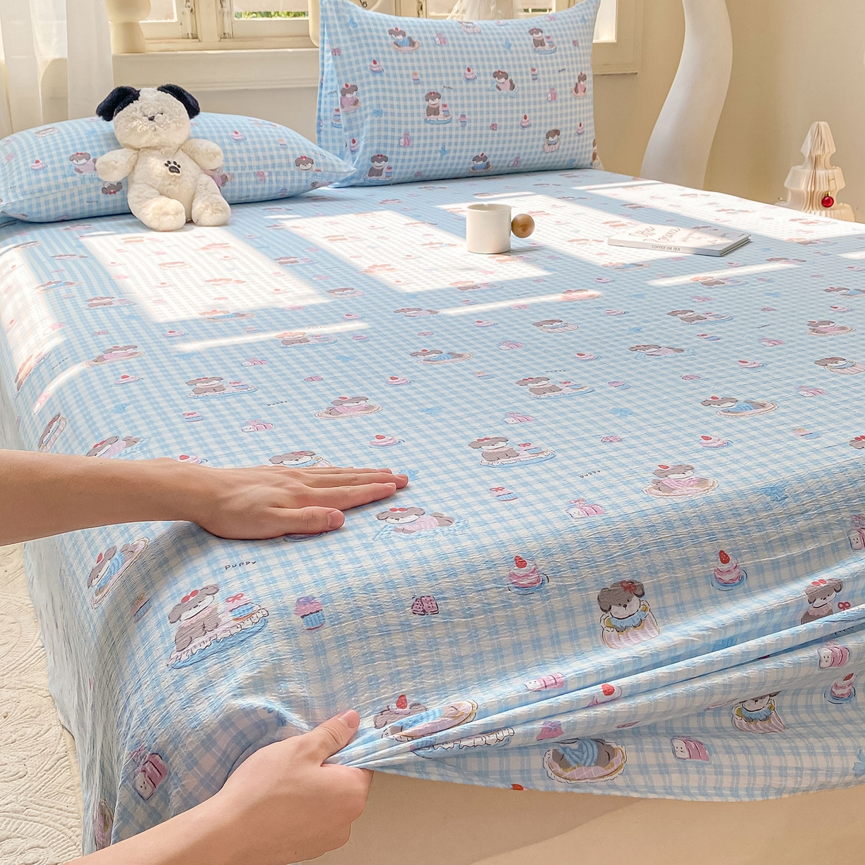 91家纺网 家纺一手货源 找家纺 眠势力 2025新款云感双层纱床单三件套ins奶油风学生宿舍床单四季通用 淘气狗