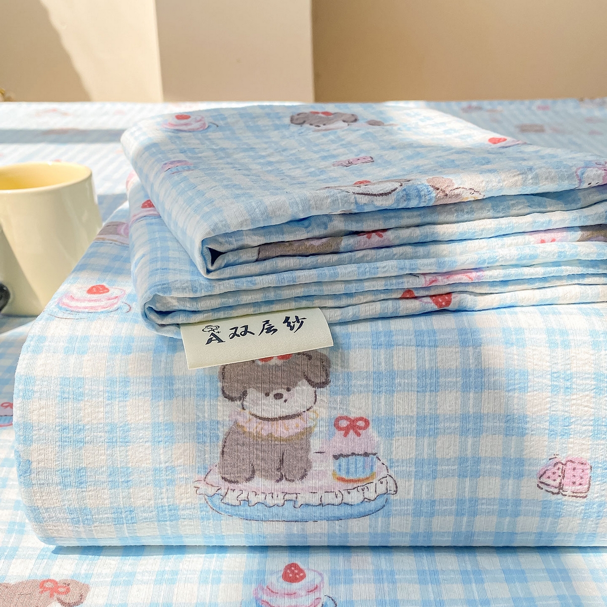 91家纺网 家纺一手货源 找家纺 眠势力 2025新款云感双层纱床单三件套ins奶油风学生宿舍床单四季通用 淘气狗