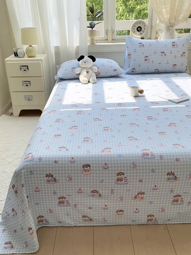 91家纺网 家纺一手货源 找家纺 眠势力 2025新款云感双层纱床单三件套ins奶油风学生宿舍床单四季通用 淘气狗