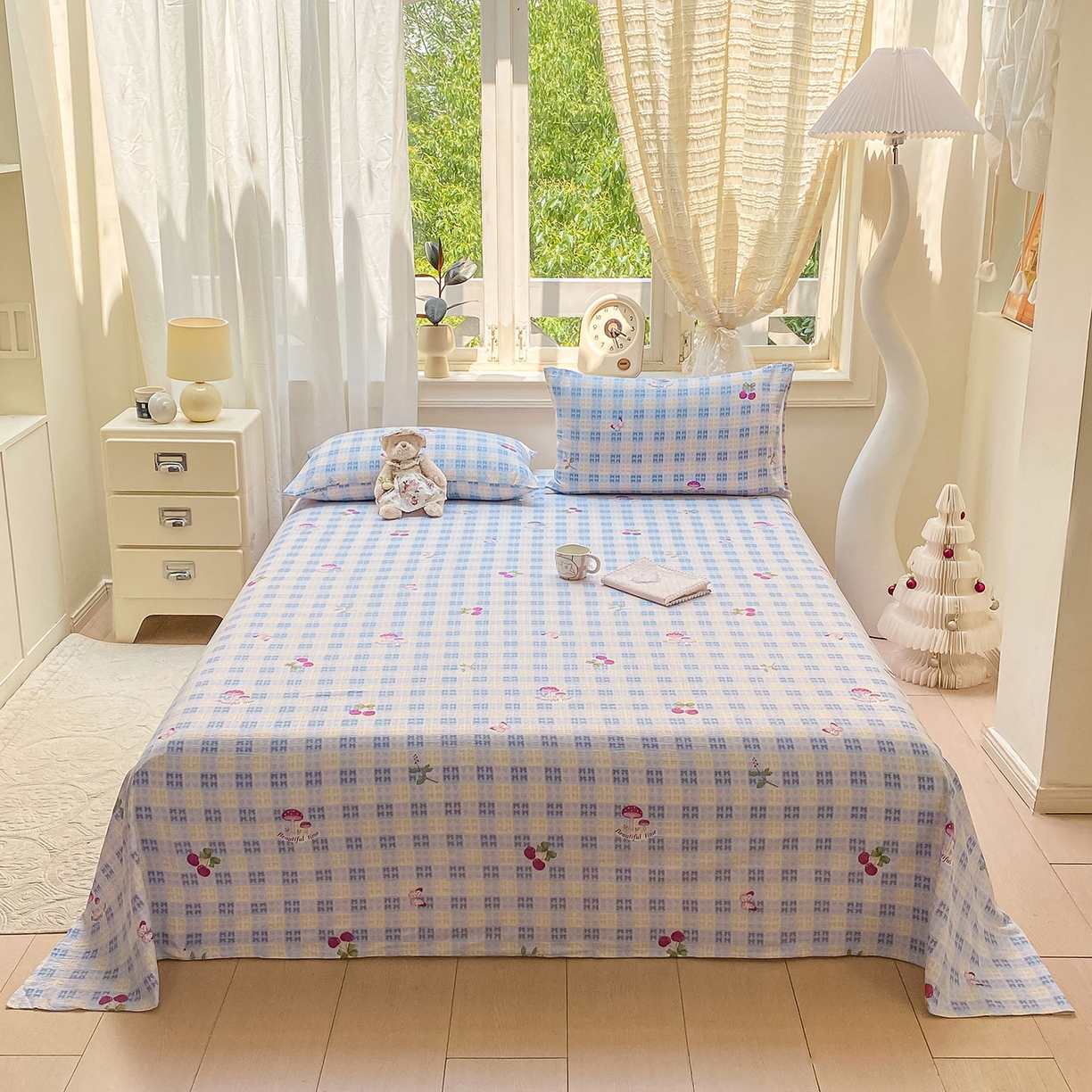 91家纺网 家纺一手货源 找家纺 眠势力 2025新款云感双层纱床单三件套ins奶油风学生宿舍床单四季通用 甜樱蜜语