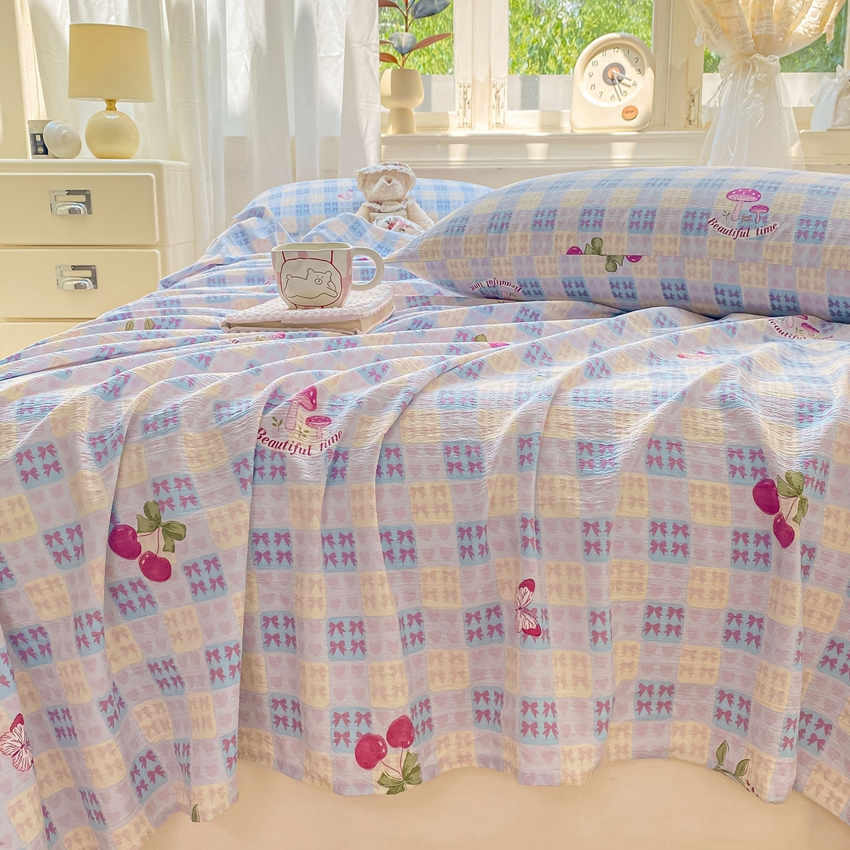 91家纺网 家纺一手货源 找家纺 眠势力 2025新款云感双层纱床单三件套ins奶油风学生宿舍床单四季通用 甜樱蜜语