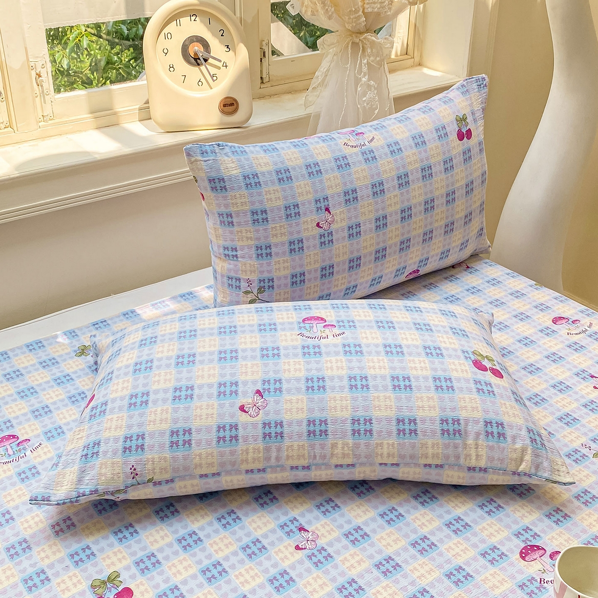 91家纺网 家纺一手货源 找家纺 眠势力 2025新款云感双层纱床单三件套ins奶油风学生宿舍床单四季通用 甜樱蜜语