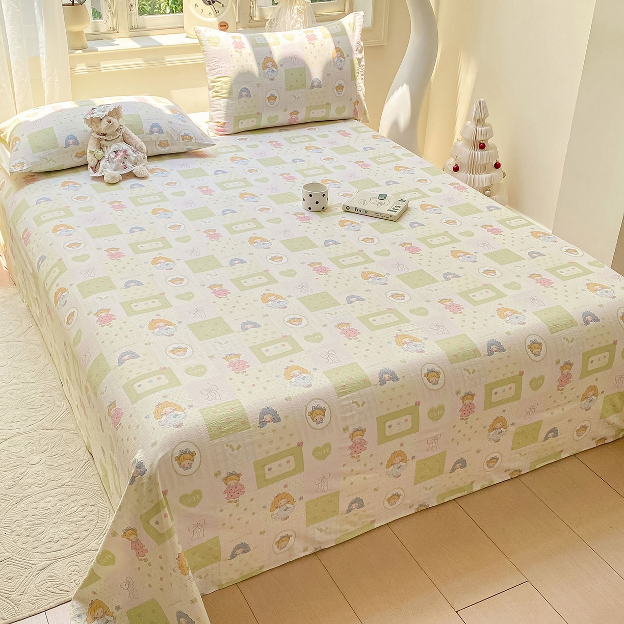 91家纺网 家纺一手货源 找家纺 眠势力 2025新款云感双层纱床单三件套ins奶油风学生宿舍床单四季通用 小公举