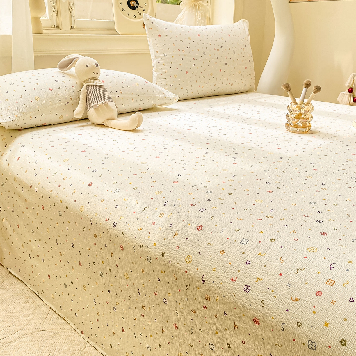 91家纺网 家纺一手货源 找家纺 眠势力 2025新款云感双层纱床单三件套ins奶油风学生宿舍床单四季通用 小美好