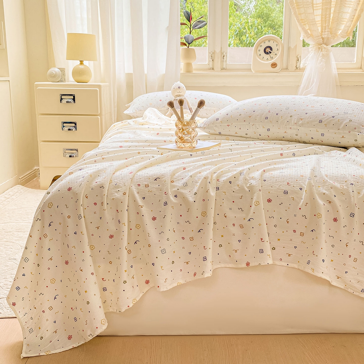 91家纺网 家纺一手货源 找家纺 眠势力 2025新款云感双层纱床单三件套ins奶油风学生宿舍床单四季通用 小美好