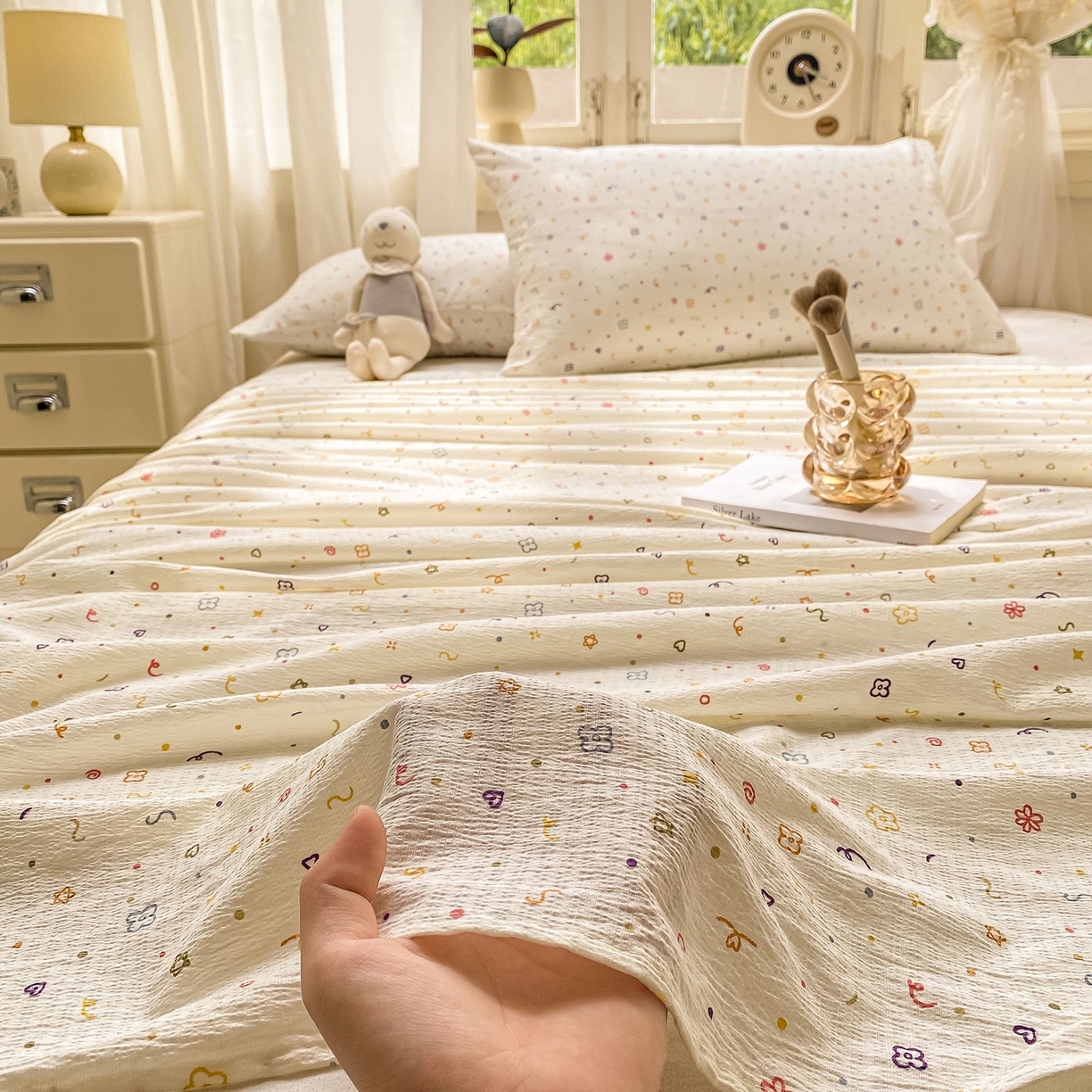 91家纺网 家纺一手货源 找家纺 眠势力 2025新款云感双层纱床单三件套ins奶油风学生宿舍床单四季通用 小美好