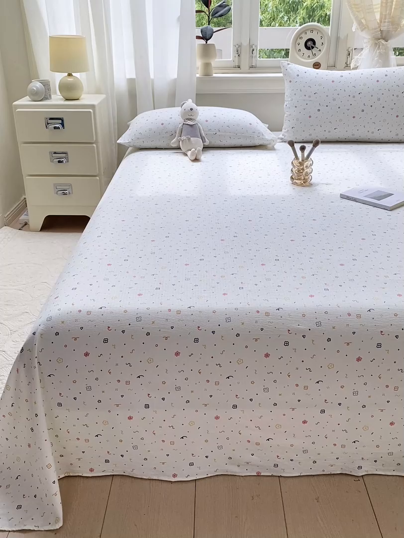 91家纺网 家纺一手货源 找家纺 眠势力 2025新款云感双层纱床单三件套ins奶油风学生宿舍床单四季通用 小美好