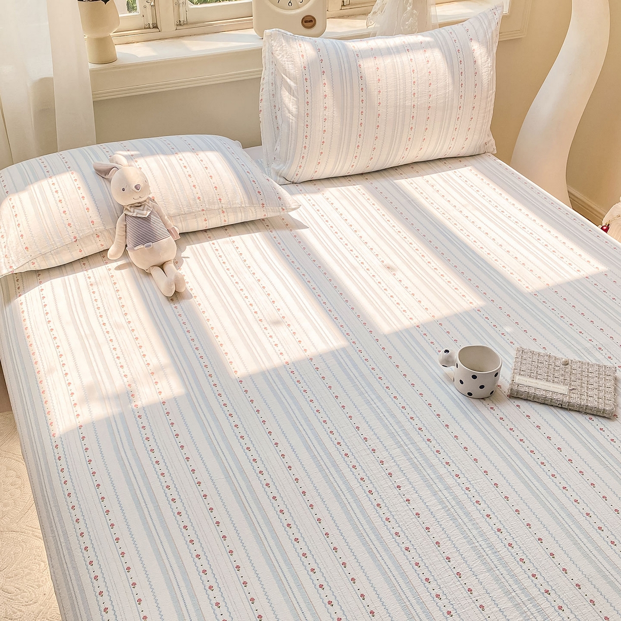 91家纺网 家纺一手货源 找家纺 眠势力 2025新款云感双层纱床单三件套ins奶油风学生宿舍床单四季通用 一路生花