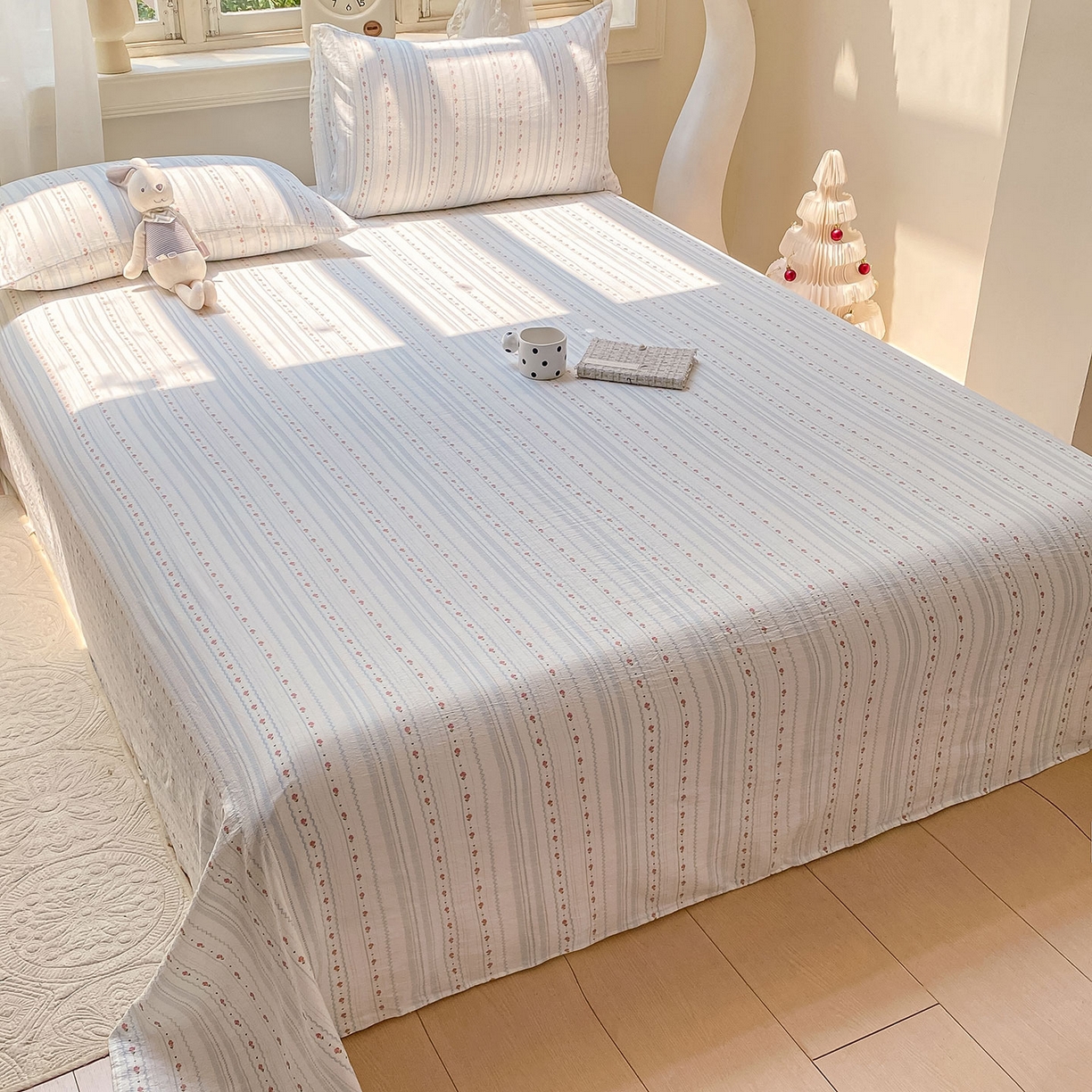 91家纺网 家纺一手货源 找家纺 眠势力 2025新款云感双层纱床单三件套ins奶油风学生宿舍床单四季通用 一路生花