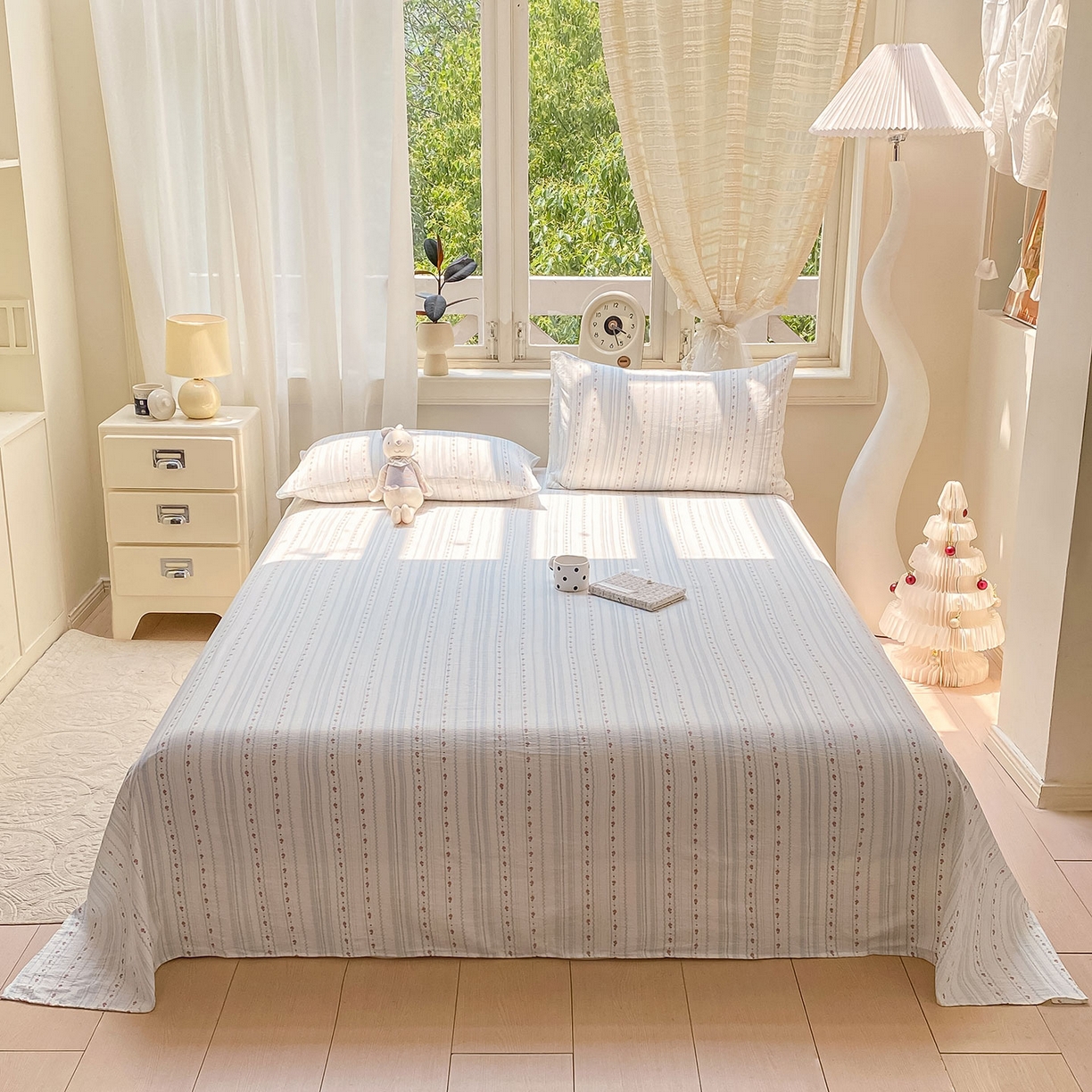 91家纺网 家纺一手货源 找家纺 眠势力 2025新款云感双层纱床单三件套ins奶油风学生宿舍床单四季通用 一路生花