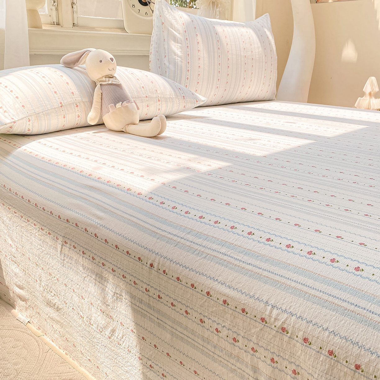 91家纺网 家纺一手货源 找家纺 眠势力 2025新款云感双层纱床单三件套ins奶油风学生宿舍床单四季通用 一路生花