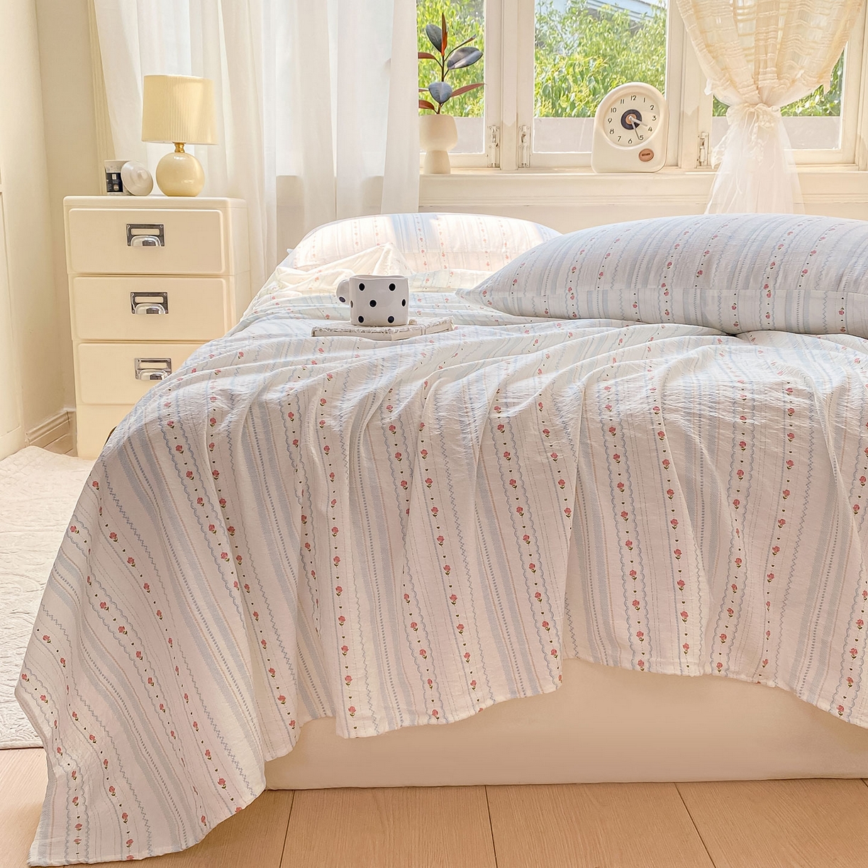 91家纺网 家纺一手货源 找家纺 眠势力 2025新款云感双层纱床单三件套ins奶油风学生宿舍床单四季通用 一路生花