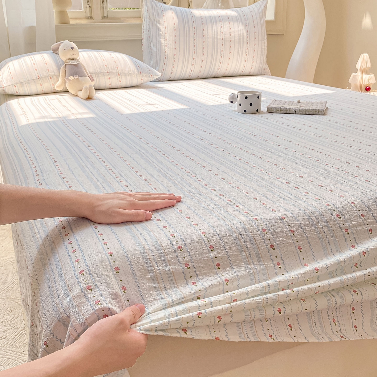 91家纺网 家纺一手货源 找家纺 眠势力 2025新款云感双层纱床单三件套ins奶油风学生宿舍床单四季通用 一路生花