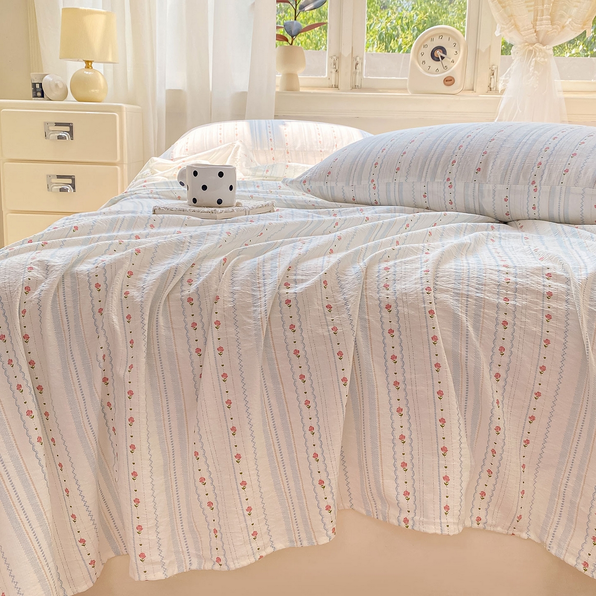 91家纺网 家纺一手货源 找家纺 眠势力 2025新款云感双层纱床单三件套ins奶油风学生宿舍床单四季通用 一路生花