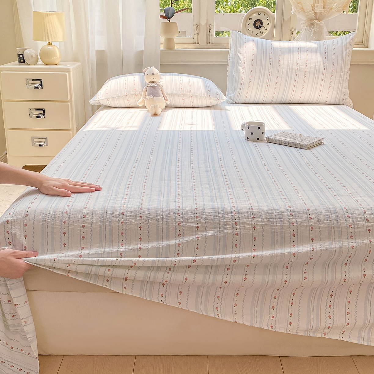 91家纺网 家纺一手货源 找家纺 眠势力 2025新款云感双层纱床单三件套ins奶油风学生宿舍床单四季通用 一路生花