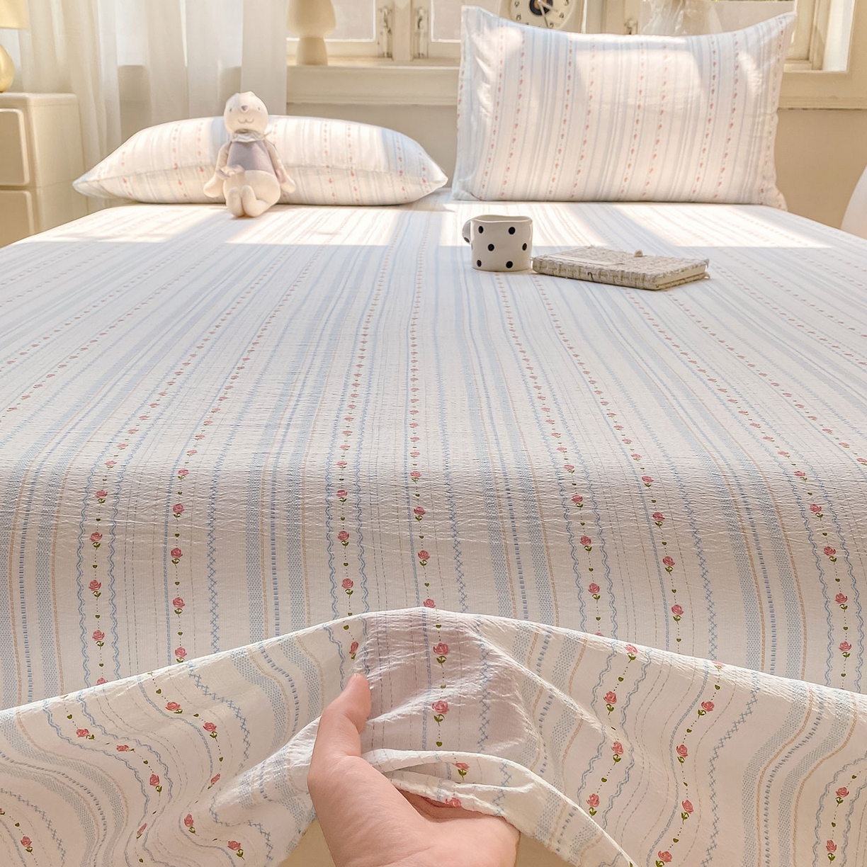 91家纺网 家纺一手货源 找家纺 眠势力 2025新款云感双层纱床单三件套ins奶油风学生宿舍床单四季通用 一路生花