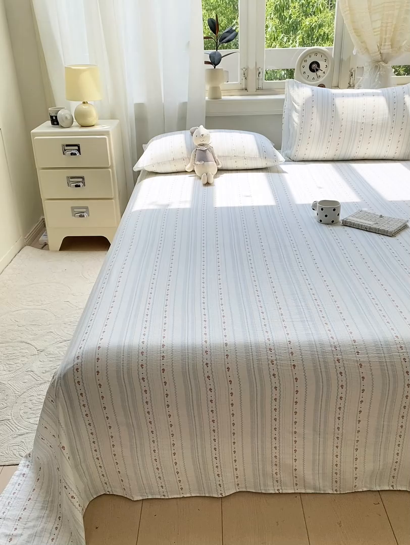 91家纺网 家纺一手货源 找家纺 眠势力 2025新款云感双层纱床单三件套ins奶油风学生宿舍床单四季通用 一路生花