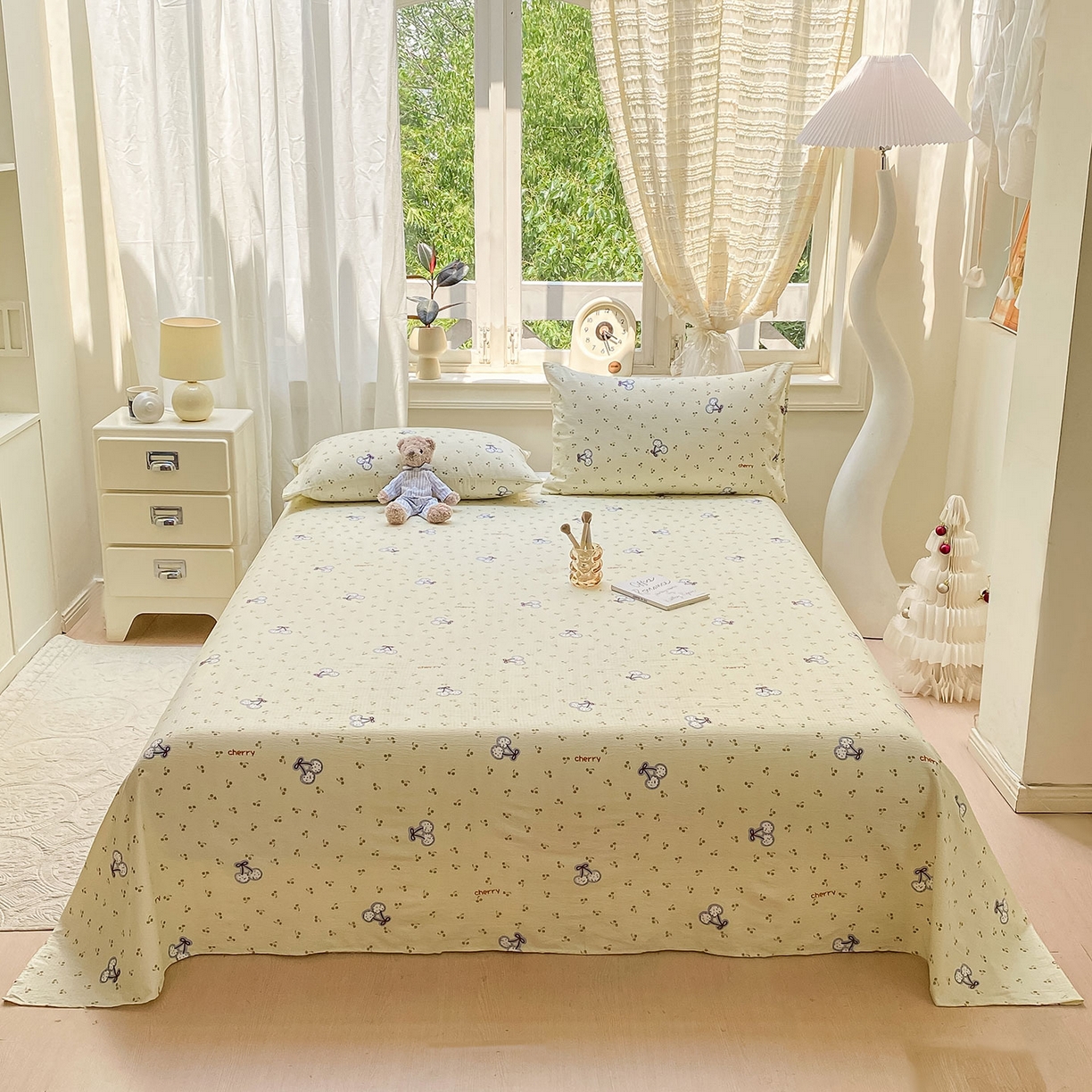 91家纺网 家纺一手货源 找家纺 眠势力 2025新款云感双层纱床单三件套ins奶油风学生宿舍床单四季通用 樱桃丸子