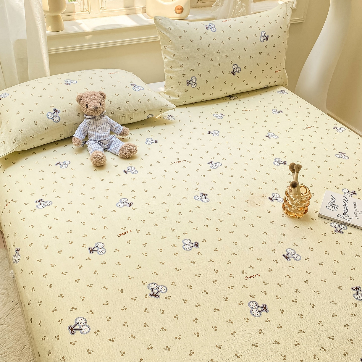 91家纺网 家纺一手货源 找家纺 眠势力 2025新款云感双层纱床单三件套ins奶油风学生宿舍床单四季通用 樱桃丸子