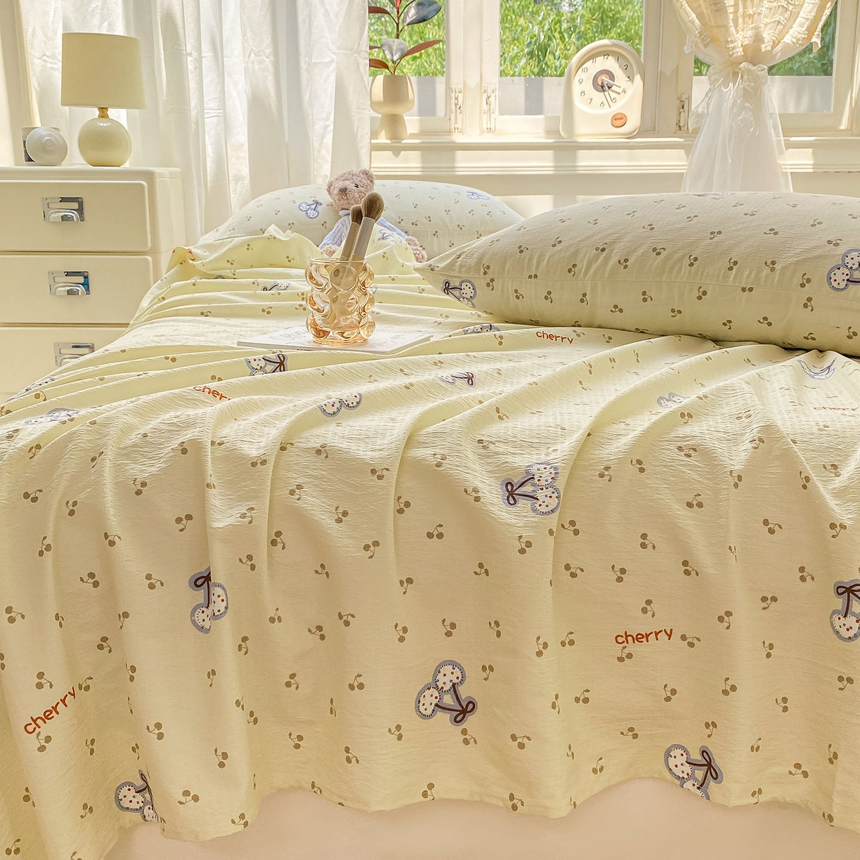 91家纺网 家纺一手货源 找家纺 眠势力 2025新款云感双层纱床单三件套ins奶油风学生宿舍床单四季通用 樱桃丸子