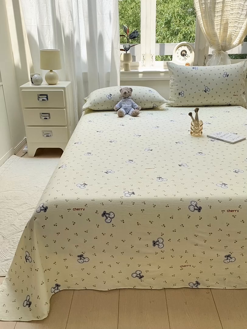 91家纺网 家纺一手货源 找家纺 眠势力 2025新款云感双层纱床单三件套ins奶油风学生宿舍床单四季通用 樱桃丸子