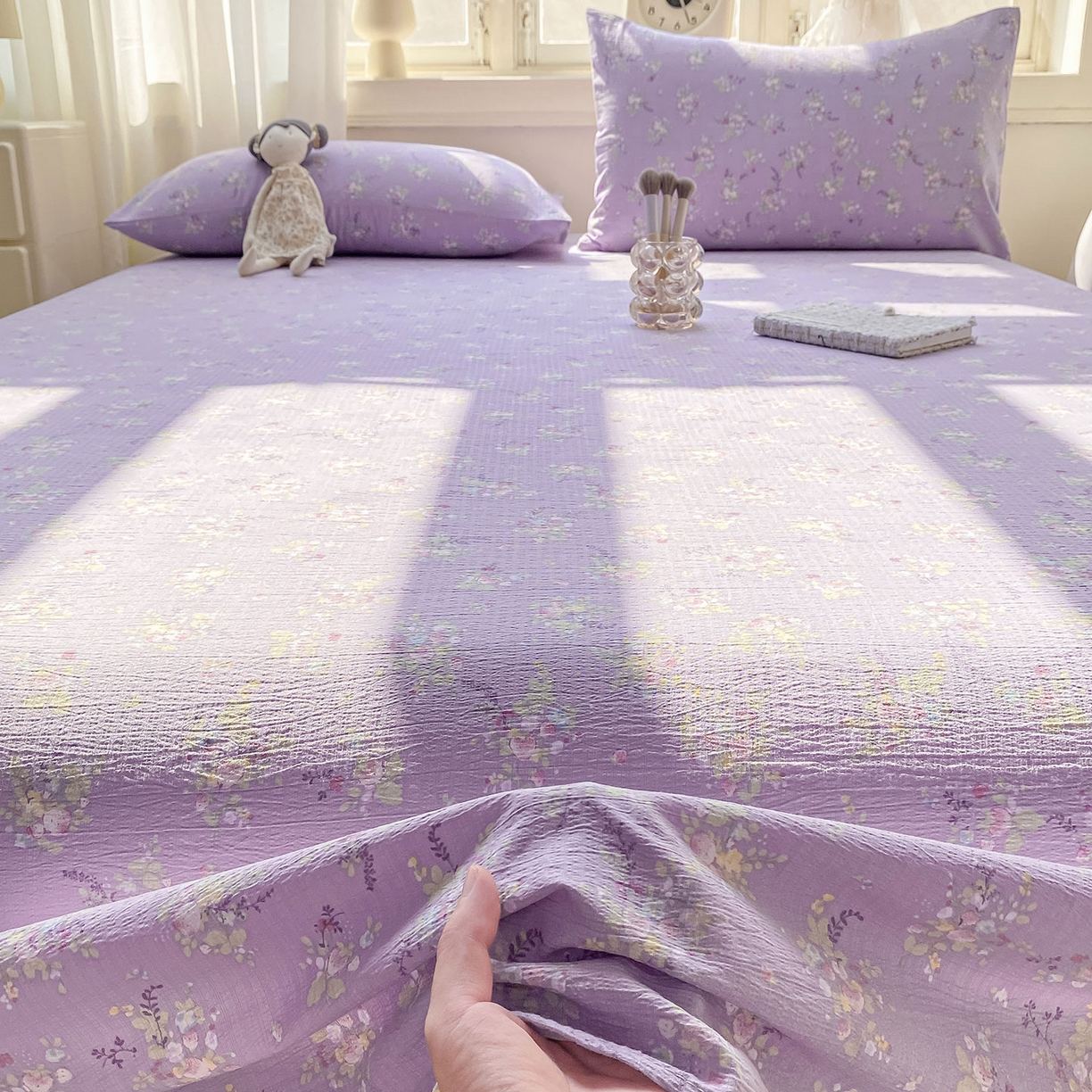 91家纺网 家纺一手货源 找家纺 眠势力 2025新款云感双层纱床单三件套ins奶油风学生宿舍床单四季通用 紫色花海