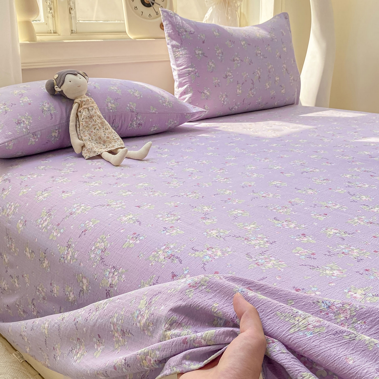 91家纺网 家纺一手货源 找家纺 眠势力 2025新款云感双层纱床单三件套ins奶油风学生宿舍床单四季通用 紫色花海