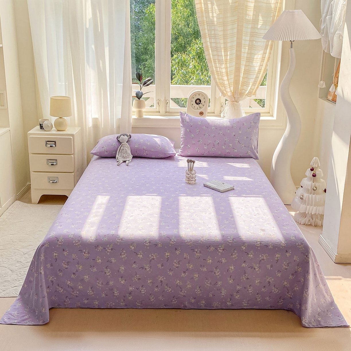 91家纺网 家纺一手货源 找家纺 眠势力 2025新款云感双层纱床单三件套ins奶油风学生宿舍床单四季通用 紫色花海