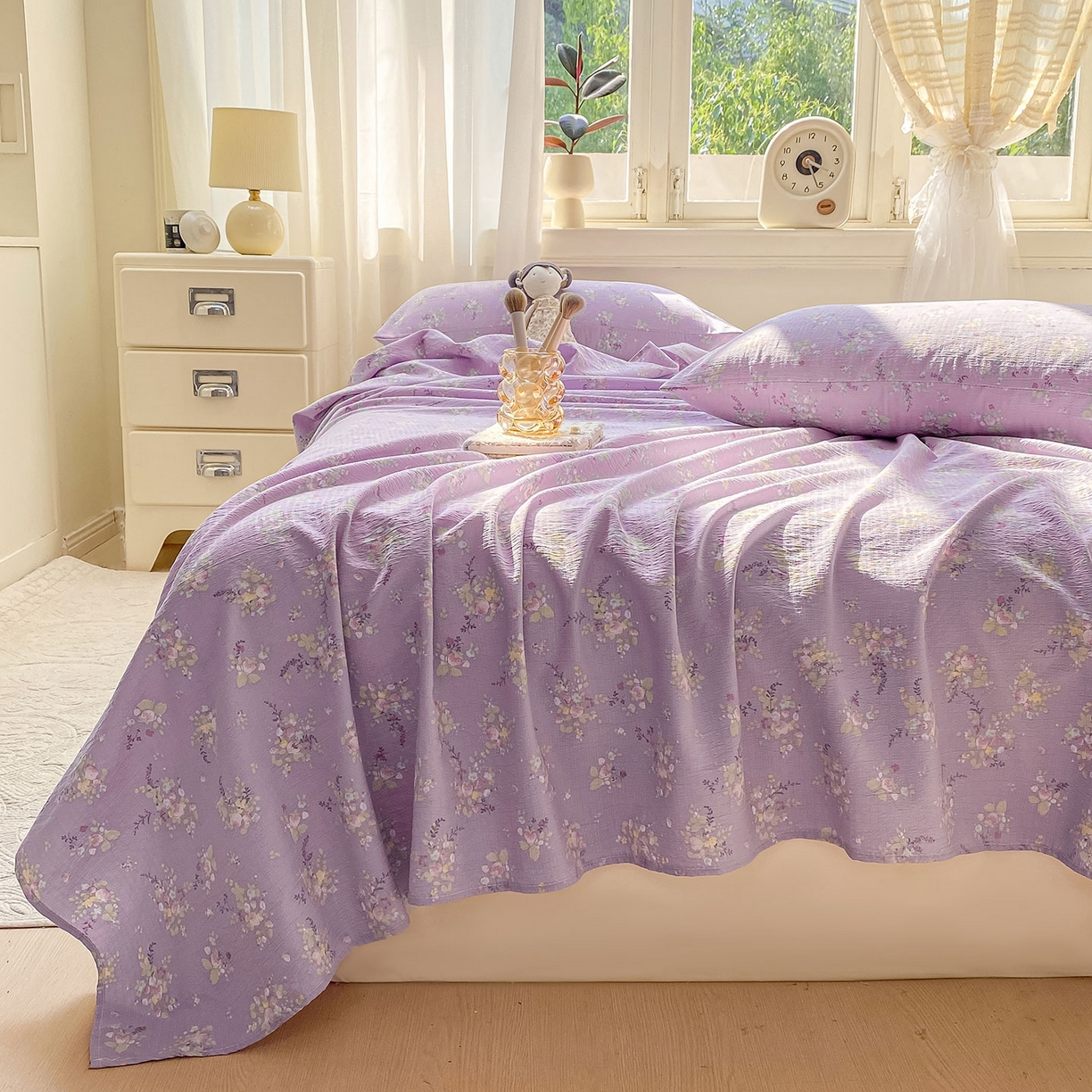 91家纺网 家纺一手货源 找家纺 眠势力 2025新款云感双层纱床单三件套ins奶油风学生宿舍床单四季通用 紫色花海