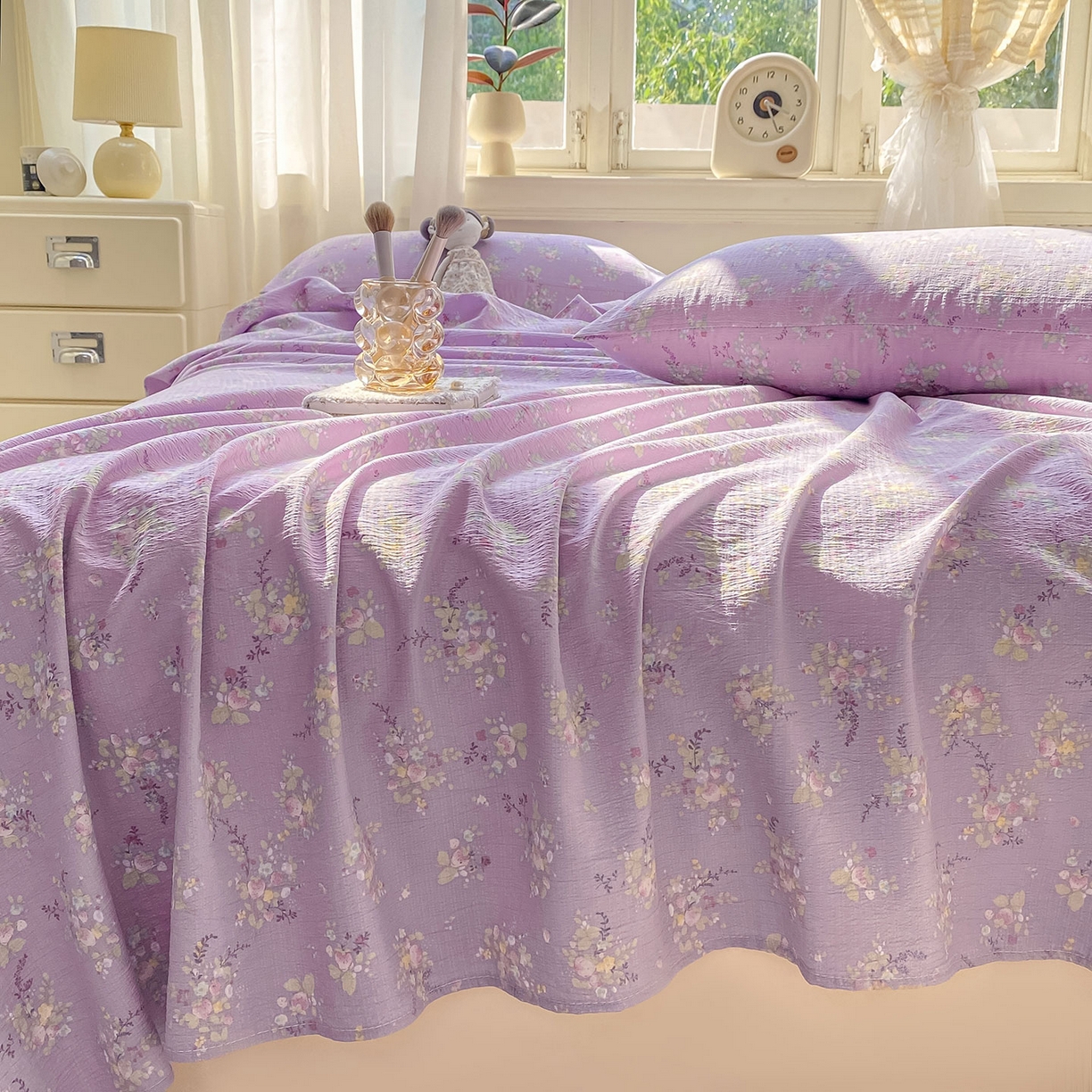 91家纺网 家纺一手货源 找家纺 眠势力 2025新款云感双层纱床单三件套ins奶油风学生宿舍床单四季通用 紫色花海